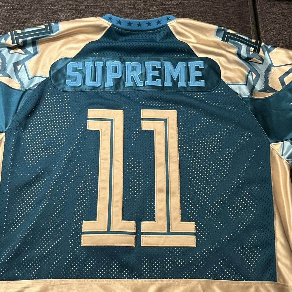 Supreme Shirt Mens XL Blue Gold 11 Stars Mesh Football Jersey Top Graphic - Picture 4 of 10